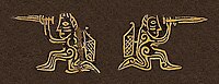 Warriors with daggers and bows. Dagger blade decoration from Kurgan 4, Burial 2, Filippovka kurgans, Late Sauromatian-Early Sarmatian, 5th-4th century BCE.[186]