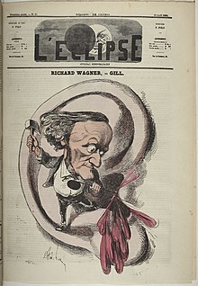 A cartoon showing a misshappen figure of a man with a tiny body below a head with prominent nose and chin standing on the lobe of a human ear. The figure is hammering the sharp end of a crochet symbol into the inner part of the ear and blood pours out.