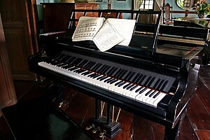 A grand piano with music