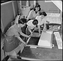 The poster shop at Heart Mountain War Relocation Center was operated by Japanese-American internees who used the silkscreen method to print information for the entire center. (January 1943) Heart Mountain Relocation Center, Heart Mountain, Wyoming. Members of the Poster Shop Staff at the . . . - NARA - 539255.jpg