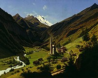 Le village d'Heiligenblut et le Grossglockner en arrière plan (vers 1860)