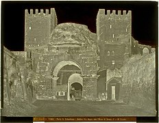 Negative on glass plate, view of Porta San Sebastiano with Arco di Druso, Via Appia