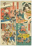 Acts 9-11 of the Kanadehon Chūshingura with act nine at top right, act ten at bottom right, act eleven, scene 1, at top left, act eleven, scene 2 at bottom left