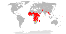 A map of the world with Less Developed Countries, as designated by the United Nations, highlighted in red and countries formerly considered least developed highlighted in yellow Least Developed Countries Map New.svg