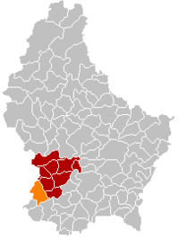 Map of Luxembourg with Käerjeng highlighted in orange, and the canton in dark red