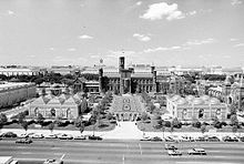 View of the four-acre quadrangle, with the Sackler Gallery (near left), Enid A. Haupt Garden and Smithsonian Institution Building (center), and African art museum (near right) Overall View of the Quad.jpg