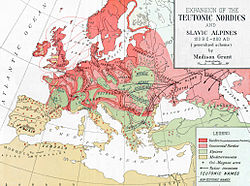 "Expansion of the Teutonic Nordics and Slavic Alpines" -- Map from Passing of the Great Race by Madison Grant showing the expansion of the Nordics and Alpines in Europe from the 1st century BC to the 11th century AD. Passing of the Great Race - Map 3.jpg