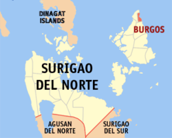 Mapa ng Surigao del Norte na nagpapakita sa lokasyon ng Burgos.