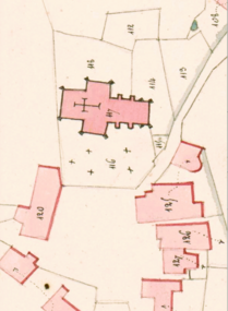 Plan cadastral de Calviac, en 1826, le cimetière se trouve encore au pied de l'église. Cette dernière procédait un plan identique à l'actuelle.