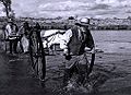 Mormon handcart pioneers crossing the Platte River, modern reenactment of 1856 expedition