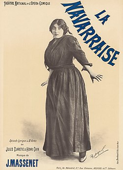 Affiche promotionnelle pour la reprise parisienne de La Navarraise de Jules Massenet au théâtre national de l'Opéra-Comique en 1895, avec Emma Calvé dans le rôle principal. (définition réelle 7 000 × 9 688)