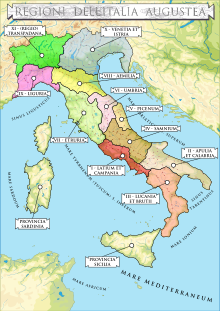 A map of the regions of Roman Italy, showing the position of Lucania et Bruttii in the mid-bottom right of Italy, above Sicily