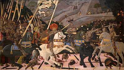 Niccolò Mauruzi da Tolentino at the Battle of San Romano (probably c. 1438–1440), egg tempera with walnut oil and linseed oil on poplar, 182 × 320 cm, National Gallery, London.[2]