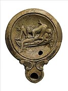 A female and male participating in cunnilingus and fellatio.[1] Terra-cotta. Oil lamp. 1st century CE. Cyprus Museum