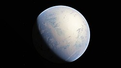 Artist's rendition of a oxinated fully-frozen Snowball Earth with no remaining liquid surface water. Snowball Huronian.jpg