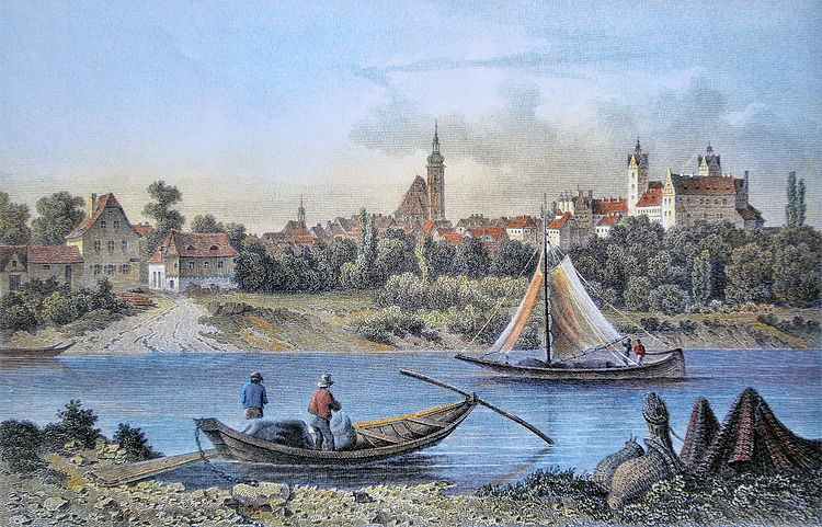 Рыбаки на Эльбе у города Штрелы. Цветная гравюра на стали по рисунку Людвига Робока