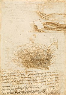 Page manuscrite portant des dessins représentant des mouvements d'eau après des formes fixes ainsi qu'un chute d'eau.