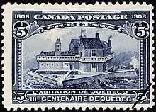 Timbre-poste canadien de 1908 représentant l'Abitation de Québec, premier établissement fondé par Samuel de Champlain sur le territoire de Québec (1608).