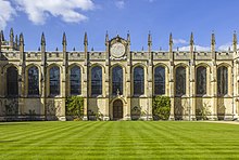 All Souls College Library, showing Wren's sundial over the central door UK-2014-Oxford-All Souls College 02.jpg