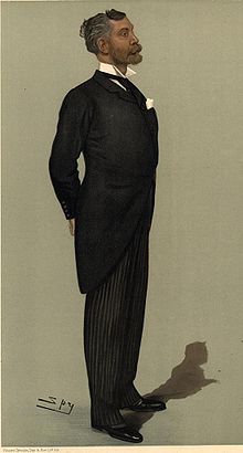 Old colored drawing of a man in a 19th-century black suit with grey and black striped trousers standing very erect, his hands behind his back and a full beard and moustache, looking to his left
