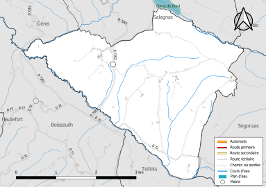 Carte en couleur présentant le réseau hydrographique de la commune