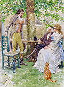 Manette und Lucie mit Charles Darnay. Illustration von Charles Edmund Brock (vor 1938).