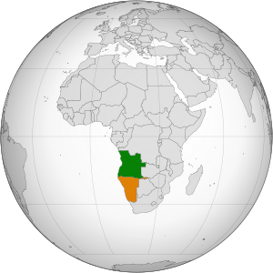 Mapa indicando localização de Angola e da Namíbia.