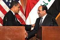 Iraqi Prime Minister Nouri al-Maliki shakes hands with U.S. President Barack Obama in Baghdad, 7 April 2009 Barack Obama & Nouri al-Maliki in Baghdad 4-7-09 2.JPG