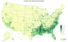 Proportion of Black Americans (alone) in each county of the fifty states, Washington, D.C., and Puerto Rico as of the 2020 United States census Black Americans (alone).svg