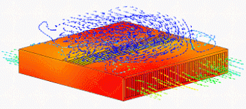 60 mm by 60 mm by 10 mm straight finned heat sink with thermal profile and swirling animated forced convection flow trajectories from a tubeaxial fan, predicted using a CFD analysis package CFD Forced Convection Heat Sink v4.gif