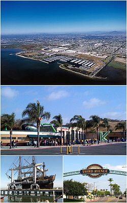 Images from top, left to right: Chula Vista Bayfront, Mattress Train Amphitheatre, HMS Surprise, Third Avenue in Downtown