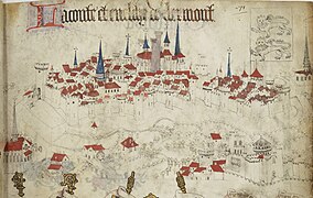Église Saint-Pierre de Clermont sur la représentation de la ville de Clermont vers 1450 dans l'Armorial d'Auvergne de Guillaume Revel, BnF. (Le nord est en bas. L'église Saint-Pierre est à droite.)