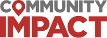 There are two words of equal length in its logo. One word, "Community", is stacked on top of the other, "Impact". "Community" is colored gray and "Impact" red, with the "O" in "Community" being of the same color as "Impact" and being pointed at the bottom toward the middle of the "M" in the latter.