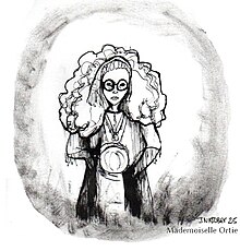 Une illustration en noir et blanc à l'encre de Chine représentant une femme avec foulard, perles, une grande masse de cheveux et de grosses lunettes noires, tenant une sphère entre ses mains