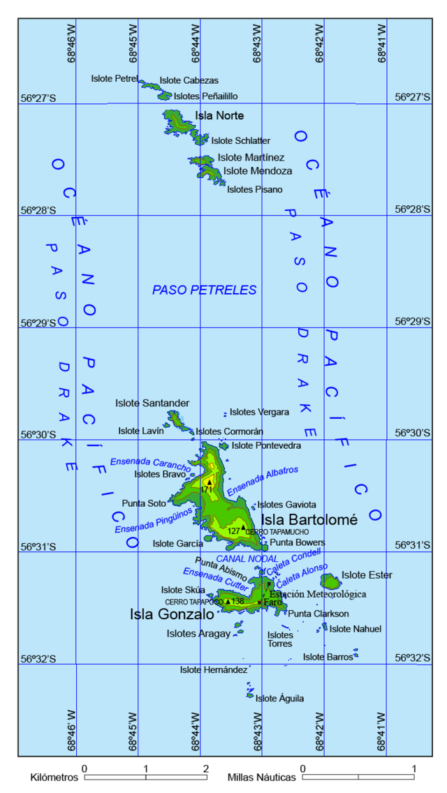 Mapa de las islas Diego Ramírez. Se puede apreciar el islote Águila, el lugar más austral de América.