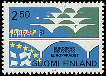 Postage stamp marks Finland as a member of the Council of Europe 1989 European Coucil and Finland 1989.jpg