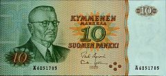 President J. K. Paasikivi illustrated in a former Finnish 10 mark banknote from 1980 FIN-10m-1980-anv.jpg