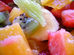 Fruit salad, seen close up.