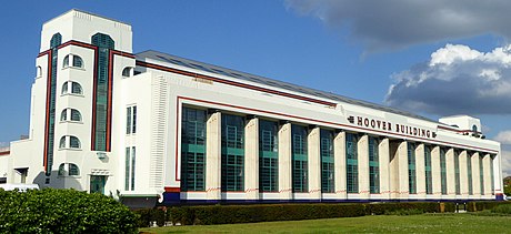 Art Deco and "Bypass Modern": the Hoover Building by Wallis, Gilbert and Partners on the A40 main road in Perivale, London, 1932-1935 has aroused varying responses over the years. Hoover Building in Perivale (cropped).jpg