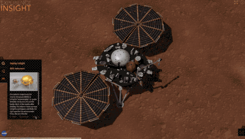 Animation of the InSight lander's seismometer being lifted off the saucer by its robotic arm and placed on the surface of Mars Insight seisanimate.gif