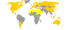 Countries with versions of Jeopardy! listed in yellow (and the common Arabic-language version in bright yellow) Jeopardy World Locations.svg