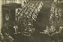 Haakon VII and Maud of Wales seated on their thrones during their coronation in 1906 Kroningen i Trondhjem 1906.jpg