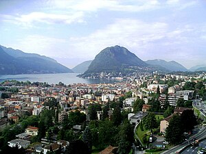 English: Lugano (Ticino). View on Lake Lugano ...