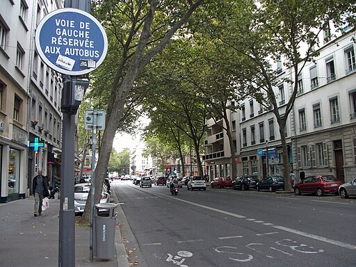 « Voie de gauche réservée aux autobus », ancienne variante du panneau B27a, à Lyon.