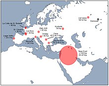 Map of western Eurasia showing areas and estimated dates of possible Neandertal-modern human hybridization (in red) based on fossil samples from indicated sites. Map of western Eurasia showing areas and estimated dates of possible Neandertal-modern human hybridization (in red) based on fossil samples from indicated sites.jpg