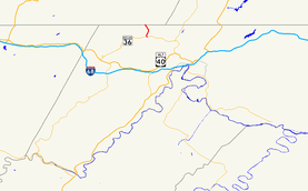 A map of western Allegany County, Maryland showing major roads.  Maryland Route 47 connects MD 36 with PA 160 around Barrelville.