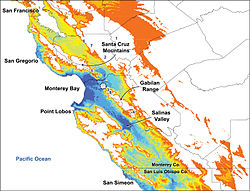 Dự đoán vùng có khí hậu thích hợp (màu xanh lam) cho Illacme plenipes giữa San Francisco và San Simeon, San Luis, California