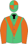 Emerald green, orange chevron and sleeves, quartered cap