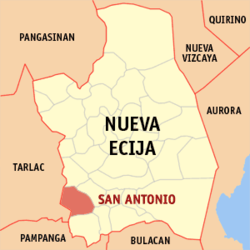 Bản đồ Nueva Ecija với vị trí của San Antonio.