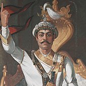 Maharajadhiraja Prithvi Narayan Shah (1723-1775), King of Nepal, propagated the ideals of the Hindu text the Dharmasastra as his kingdom's ruling ideology. Prithvi Narayan Shah.jpg